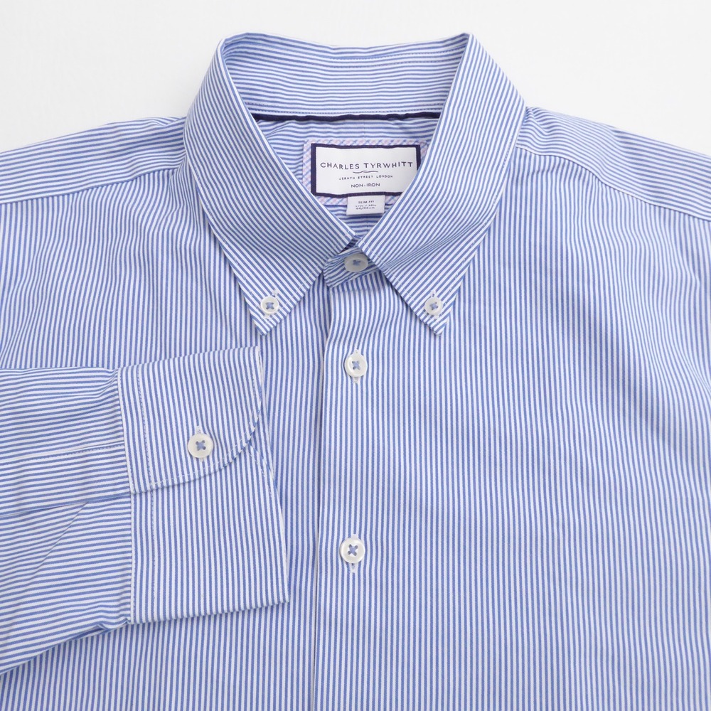 Charles Tyrwhitt Button Dress Shirt Blue Striped Non-Iron Slim Fit 17.5 / 34